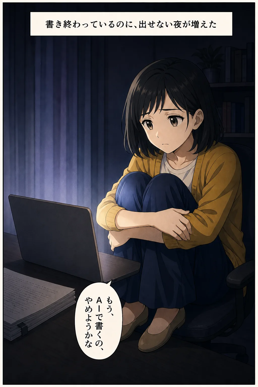 漫画: 暗い部屋で膝を抱える主人公。書き終わっているのに出せない夜。「もう、AIで書くの、やめようかな」
