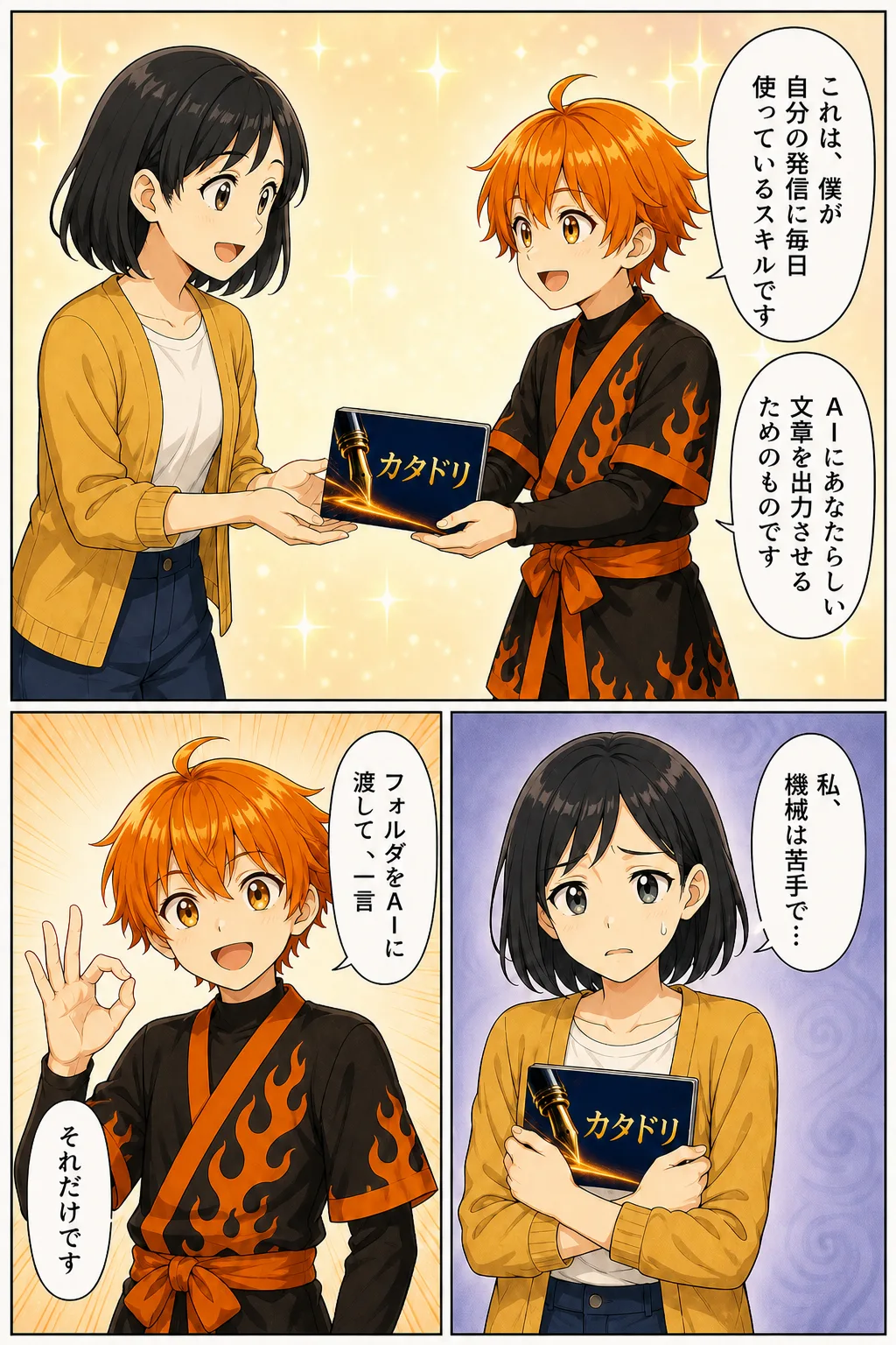 漫画: リツトがカタドリのパッケージを差し出す。「僕が自分の発信に毎日使っているスキルです」「AIにあなたらしい文章を出力させるためのものです」。フォルダをAIに渡して一言、それだけ
