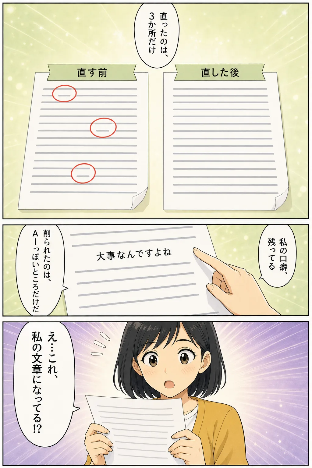 漫画: 直ったのは3か所だけ。口癖の「大事なんですよね」が残っている。「削られたのは、AIっぽいところだけだ」「え…これ、私の文章になってる！？」