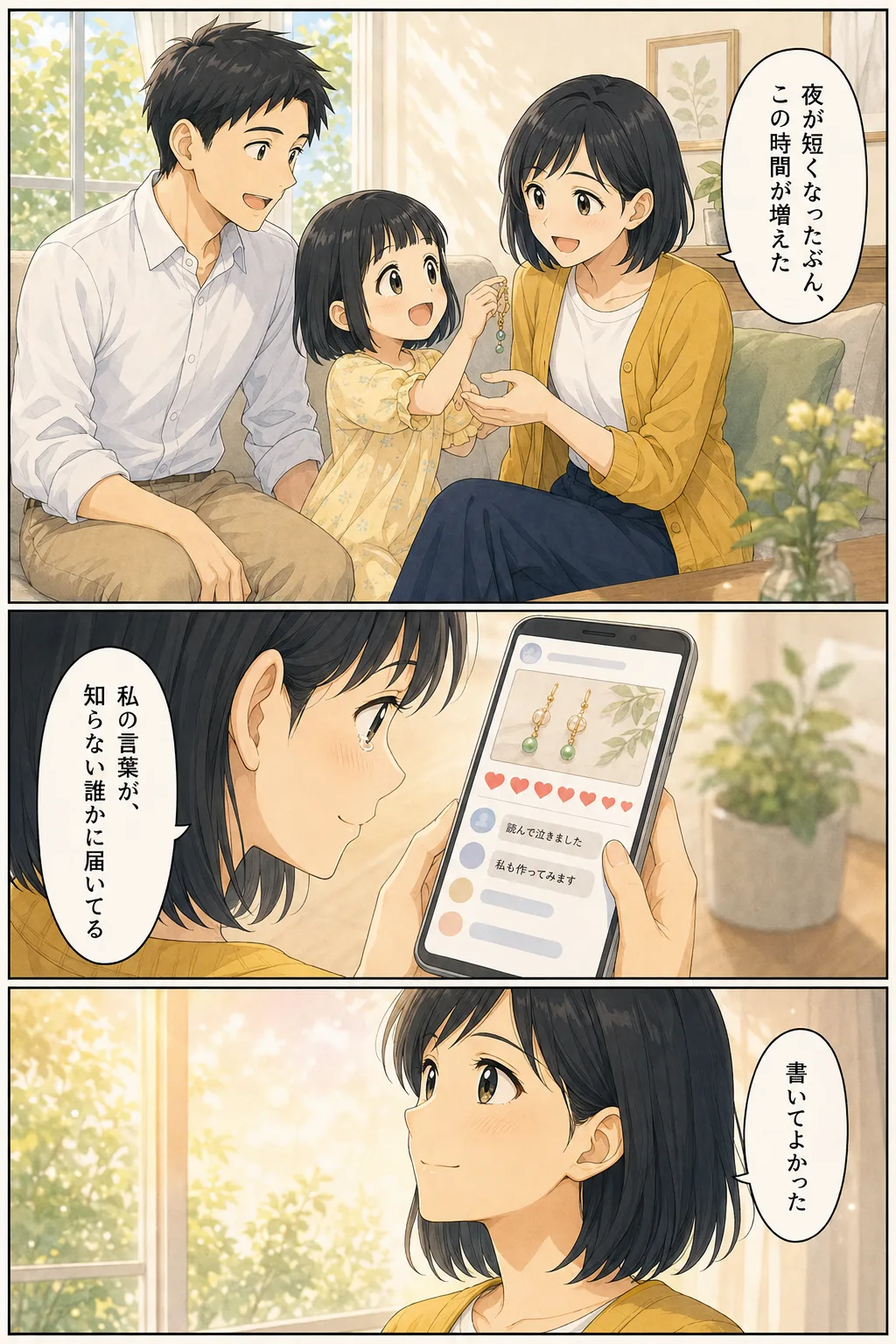 漫画: 休日の昼、夫と娘と笑い合う。「夜が短くなったぶん、この時間が増えた」。スマホには「読んで泣きました」「私も作ってみます」。「私の言葉が、知らない誰かに届いてる」「書いてよかった」